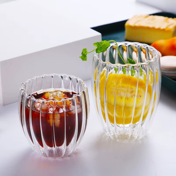 02 Taza Café Doble Pared Borosilicato Acanalado 350ml Sqhome Sin Asa